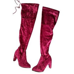 Catherine Malandrino Over‎ The Knee Velvet Boots Burgundy Tie Back Heeled 7.5